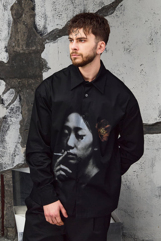 Wicked33 Velvet Ash oversized shirt in black with grey and sepia print, large vintage-inspired print with expressive detailing
