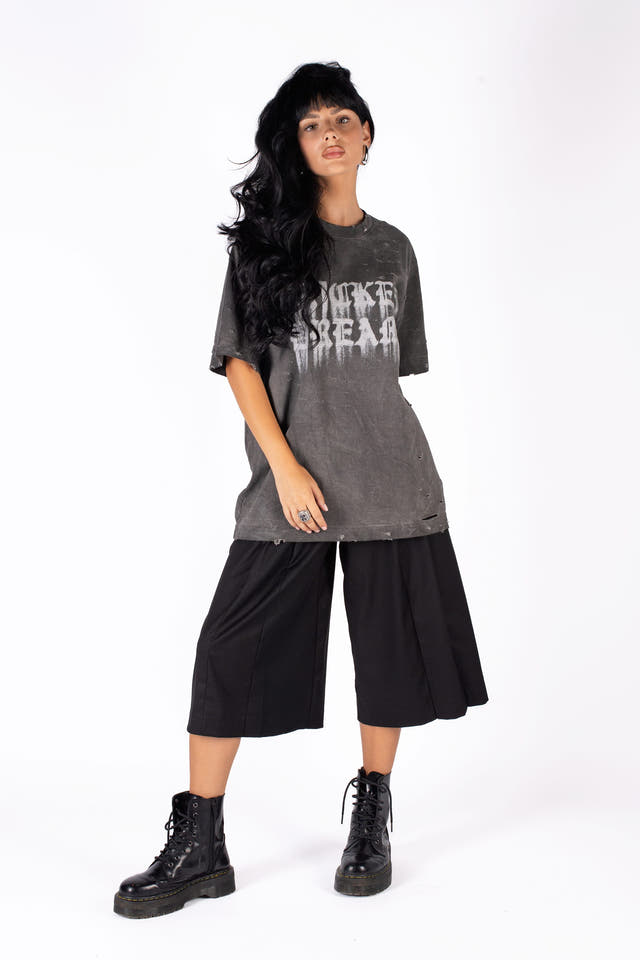 Wicked33 Burnout oversized t-shirt in dark grey / washed black, spray-effect front graphic