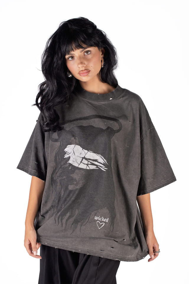 Wicked33 Veil oversized t-shirt in dark grey / washed black, bold front graphic print