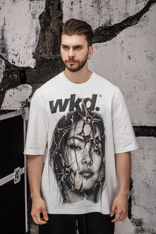 Wicked33 Spike oversized t-shirt in white, “wkd.” distressed text print on chest