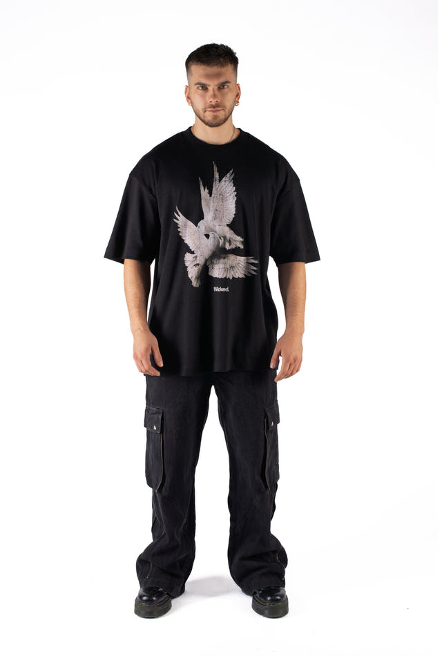 Wicked33 Doves oversized t-shirt in black, large front print