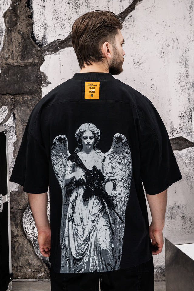 Wicked33 Seraph oversized t-shirt in black, large back print + subtle front graphic