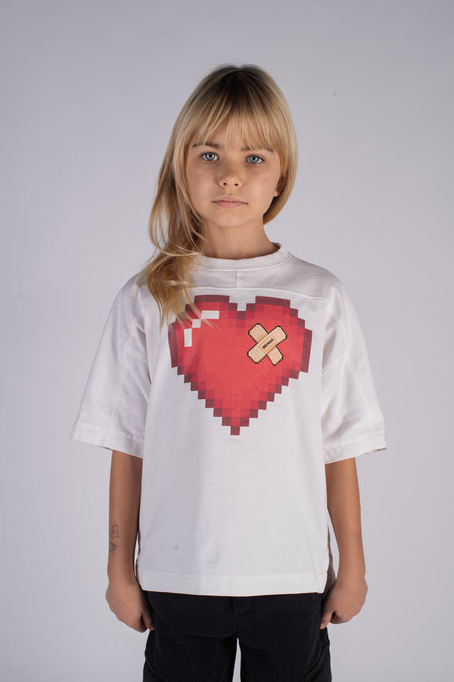 Wicked33 Pixel Love oversized t-shirt in off-white, front digital heart graphic artwork