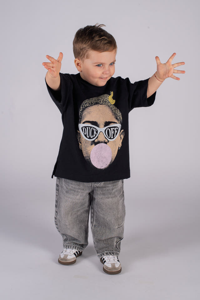 Wicked33 Duck Off oversized t-shirt in black, pop-art inspired front graphic with contrasting details