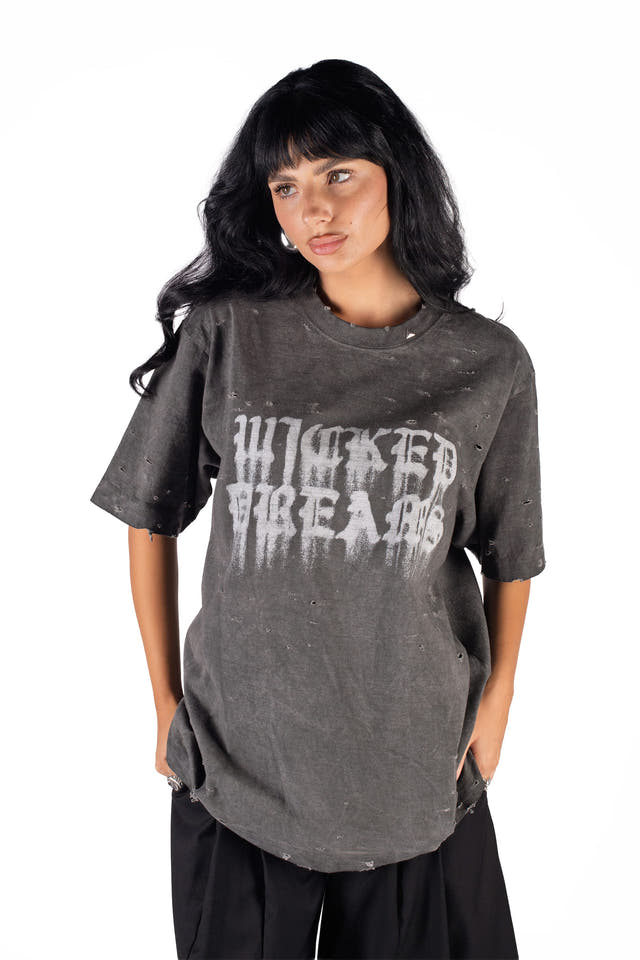 Wicked33 Burnout oversized t-shirt in dark grey / washed black, spray-effect front graphic