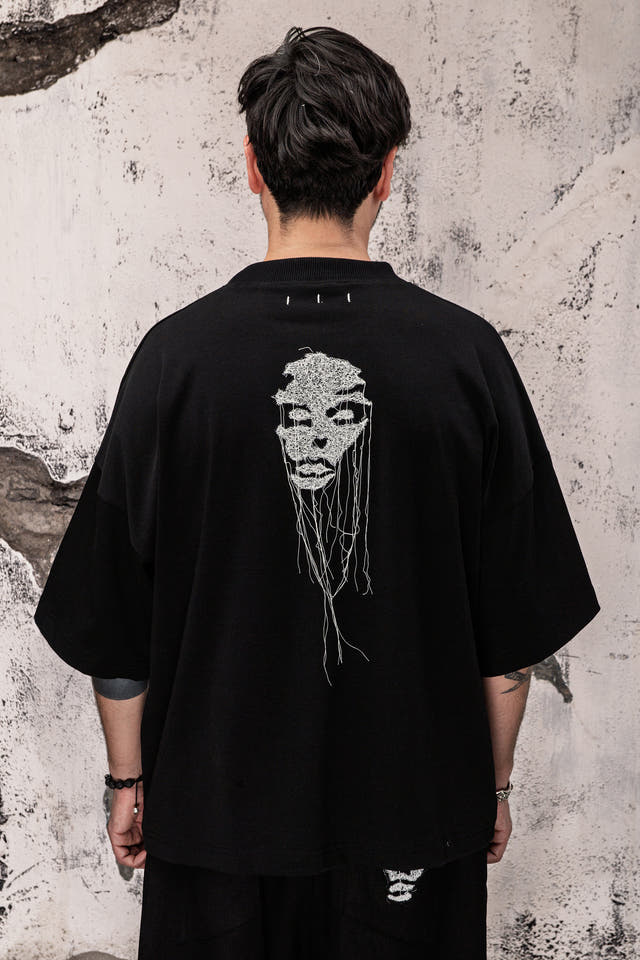 Wicked33 Presence oversized t-shirt, dual abstract embroidered portraits, front and back