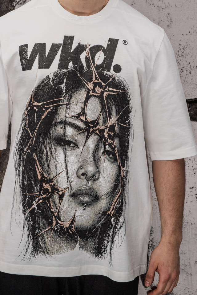 Wicked33 Spike oversized t-shirt in white, “wkd.” distressed text print on chest