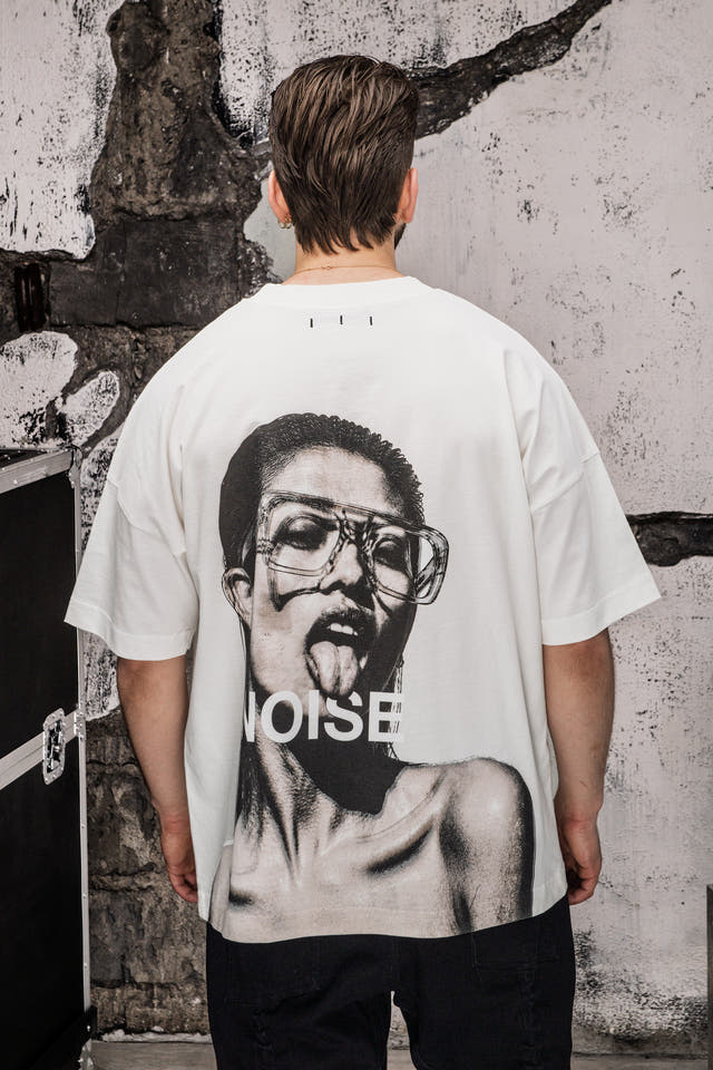 Wicked33 Noise oversized t-shirt in white, large back graphic + minimal front text