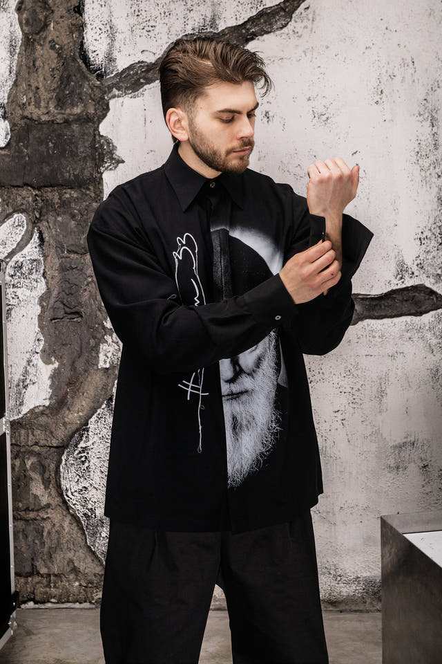 Wicked33 Icon oversized shirt in black, large vertical print integrated into construction