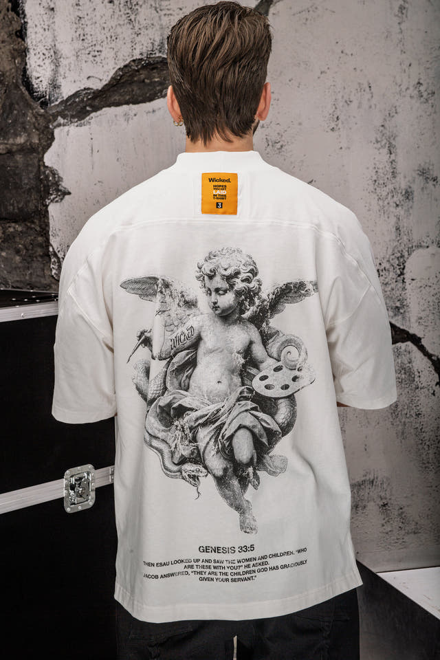 Wicked33 Genesis oversized t-shirt in off-white, back print + subtle front graphic