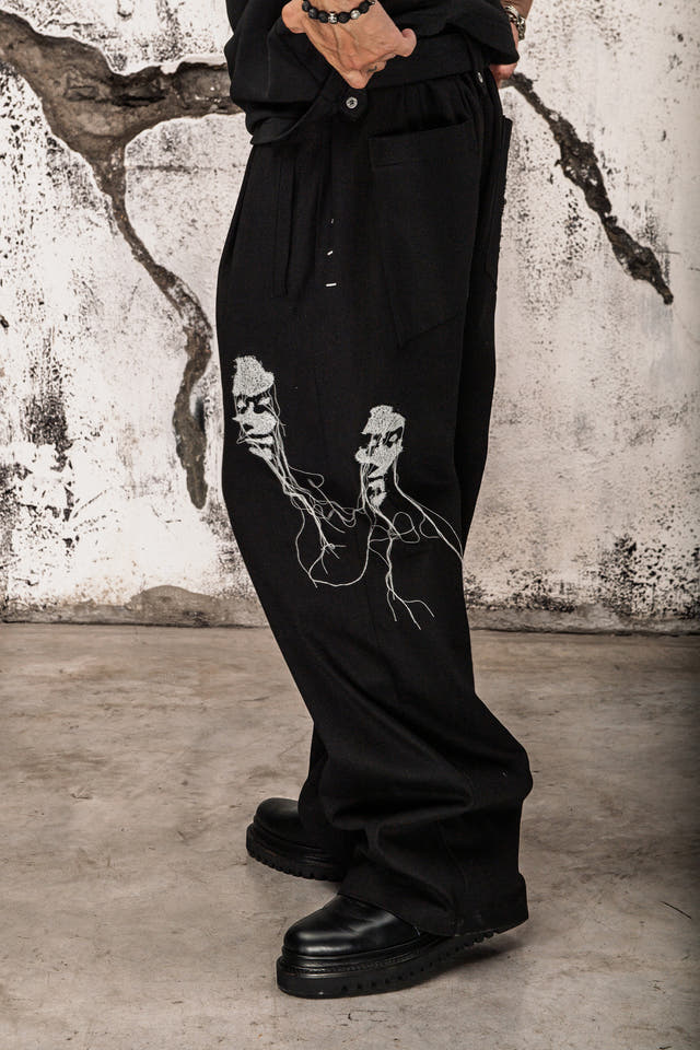 Wicked33 Mirror streetwear pants, handmade Artwork: Portraits created through free-motion stitching