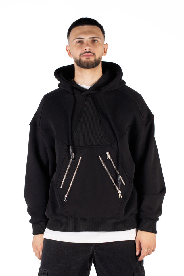 Wicked33 Hexagon oversized hoodie in black, oversized fit with asymmetrical front zipper