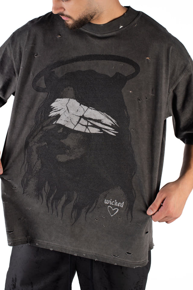 Wicked33 Veil oversized t-shirt in dark grey / washed black, bold front graphic print