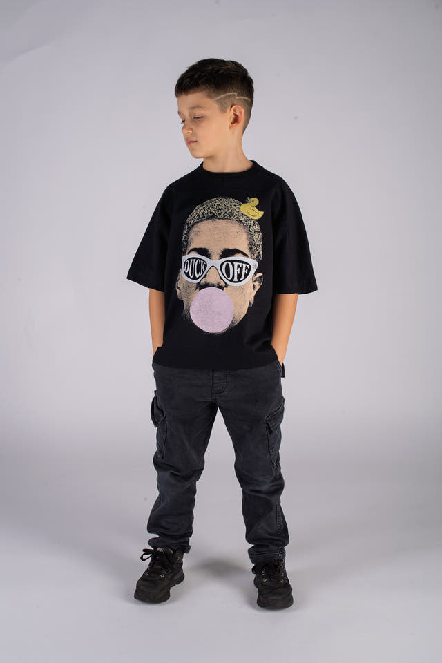 Wicked33 Duck Off oversized t-shirt in black, pop-art inspired front graphic with contrasting details