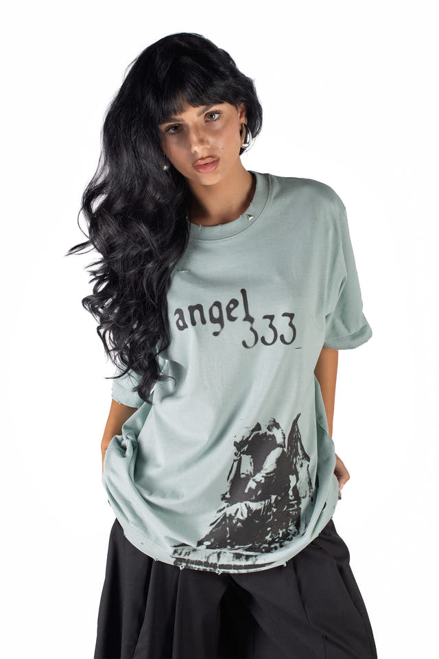Wicked33 Angel 333 oversized t-shirt in mint green, front text and graphic print