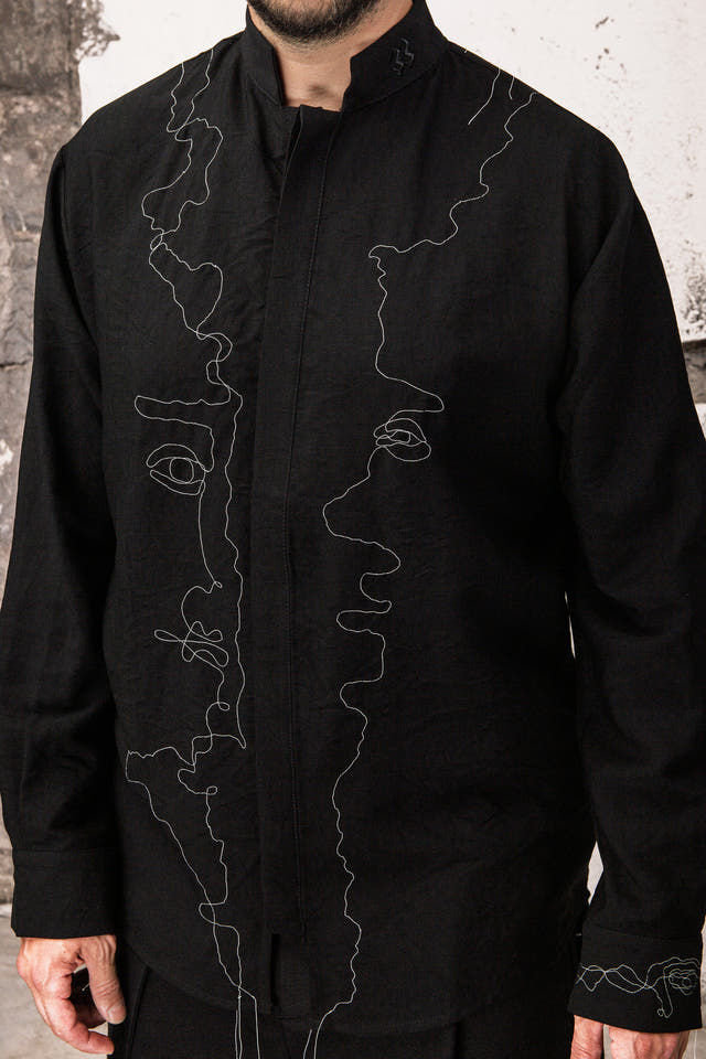 Wicked33 Silhouette oversized shirt, continuous-line embroidery, abstract portraits