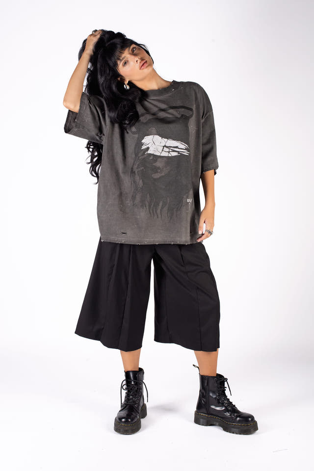 Wicked33 Veil oversized t-shirt in dark grey / washed black, bold front graphic print