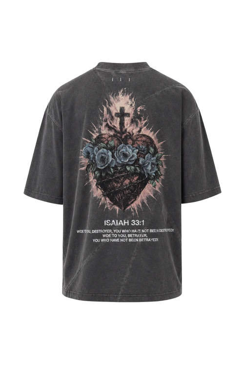 Wicked33 Betrayer oversized t-shirt in washed dark grey, back print: Large-scale centered graphic