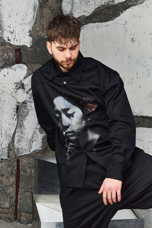 Wicked33 Velvet Ash oversized shirt in black with grey and sepia print, large vintage-inspired print with expressive detailing