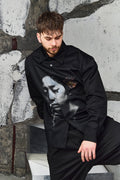 Wicked33 Velvet Ash oversized shirt in black with grey and sepia print, large vintage-inspired print with expressive detailing