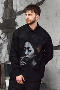 Wicked33 Velvet Ash oversized shirt in black with grey and sepia print, large vintage-inspired print with expressive detailing
