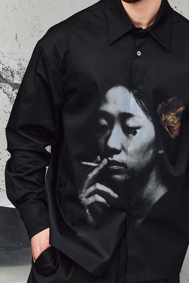 Wicked33 Velvet Ash oversized shirt in black with grey and sepia print, large vintage-inspired print with expressive detailing