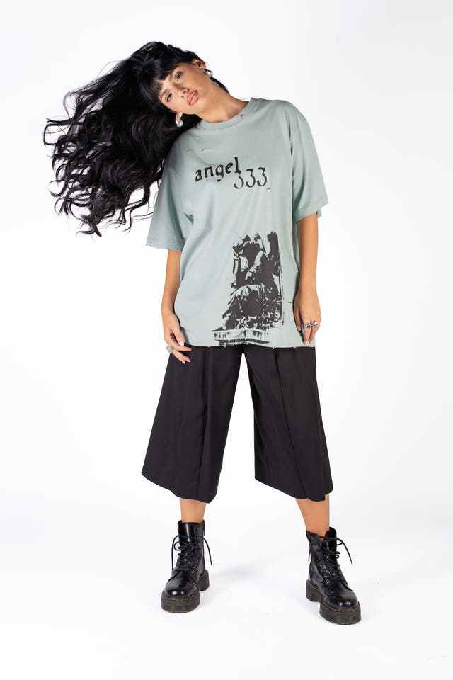 Wicked33 Angel 333 oversized t-shirt in mint green, front text and graphic print