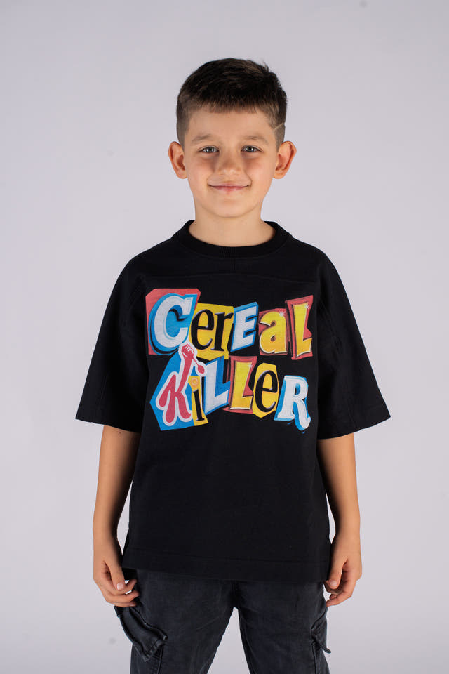 Wicked33 Cereal Killer oversized t-shirt in black, retro cartoon inspired “Cereal Killer” front print