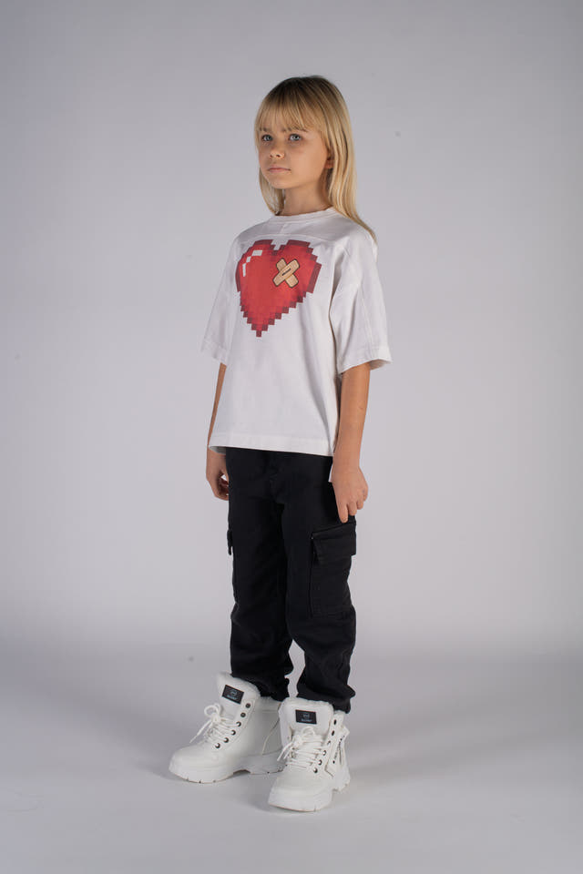 Wicked33 Pixel Love oversized t-shirt in off-white, front digital heart graphic artwork