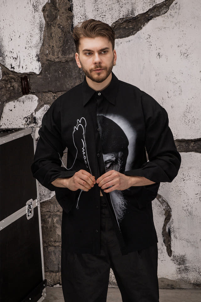 Wicked33 Icon oversized shirt in black, large vertical print integrated into construction