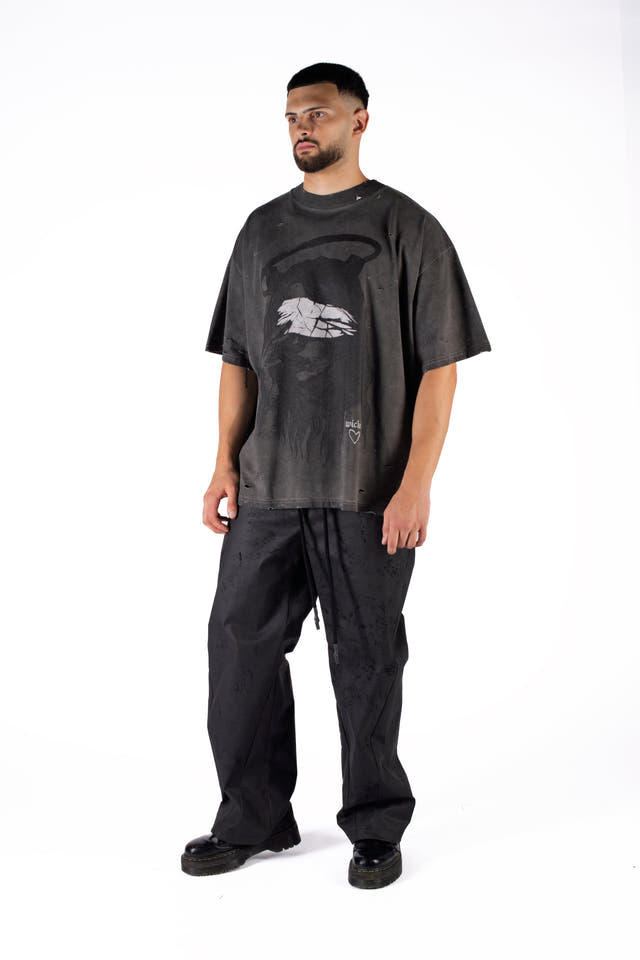Wicked33 Veil oversized t-shirt in dark grey / washed black, bold front graphic print