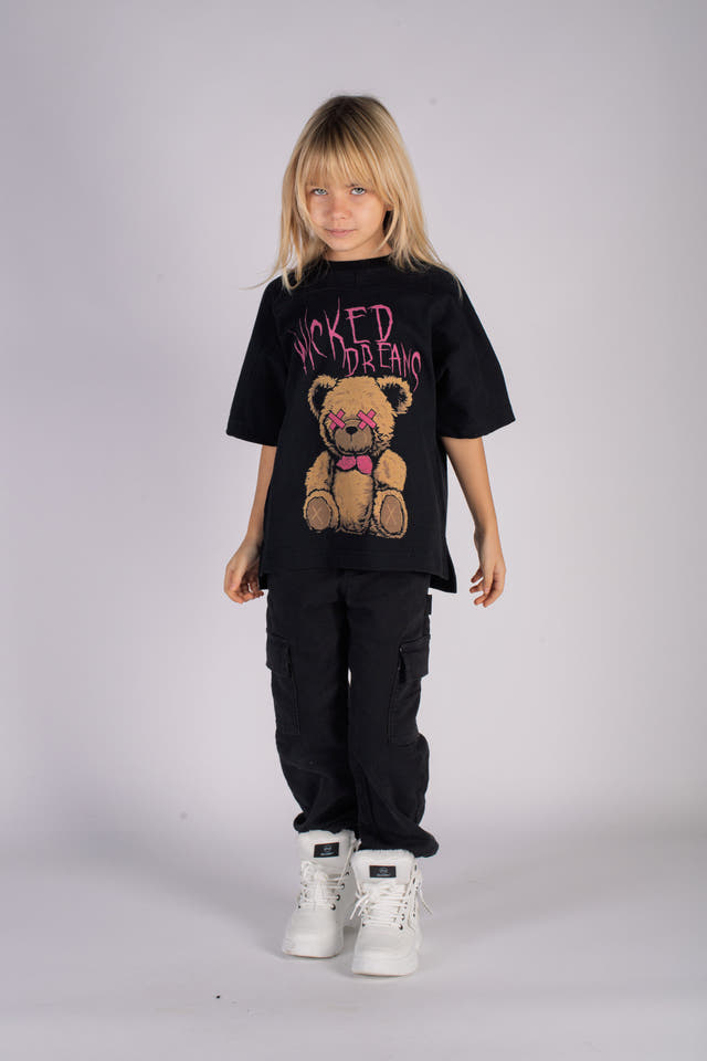 Wicked33 Dreams oversized t-shirt in black, oversized front print featuring teddy bear artwork and distorted