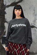 Wicked33 Thirtythree knit sweater in charcoal grey, large white “thirtythree” text print on chest