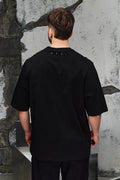 Wicked33 Alter oversized t-shirt in black, central print with doubled face effect and vintage texture
