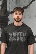 Wicked33 Burnout oversized t-shirt in dark grey / washed black, spray-effect front graphic