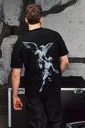 Wicked33 Ascend oversized t-shirt, large grayscale back print of baroque-style angel & man sculpture