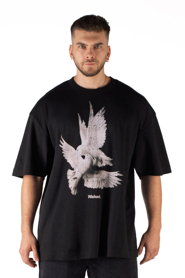 Wicked33 Doves oversized t-shirt in black, large front print
