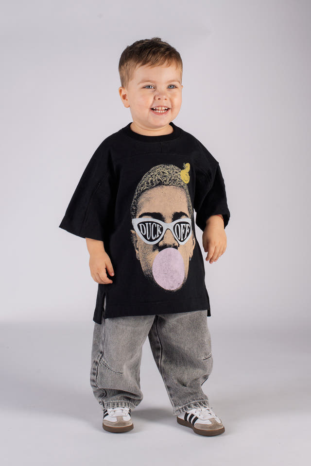 Wicked33 Duck Off oversized t-shirt in black, pop-art inspired front graphic with contrasting details