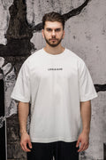 Wicked33 Noise oversized t-shirt in white, large back graphic + minimal front text