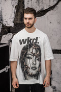 Wicked33 Spike oversized t-shirt in white, “wkd.” distressed text print on chest