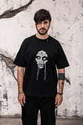 Wicked33 Mute oversized t-shirt, handcrafted portrait created through free-motion stitching
