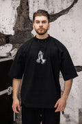 Wicked33 Prayer oversized t-shirt in black, subtle front print + large back graphic