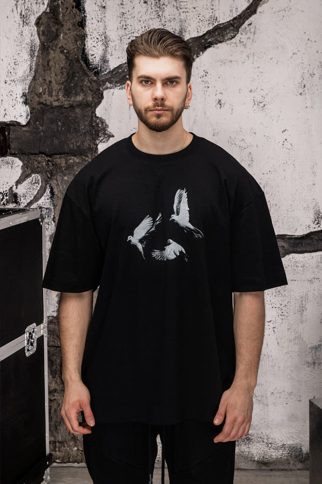Wicked33 Heaven oversized t-shirt in black, graphic doves print on chest