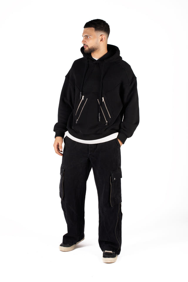 Wicked33 Hexagon oversized hoodie in black, oversized fit with asymmetrical front zipper