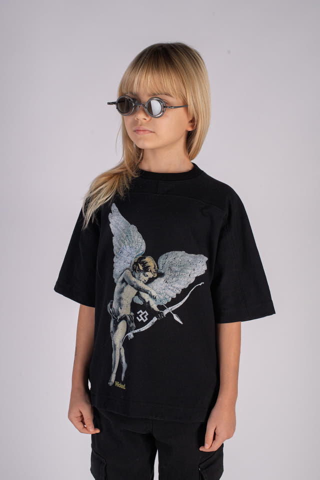 Wicked33 CUPID_33 oversized t-shirt in washed black, front cupid graphic artwork