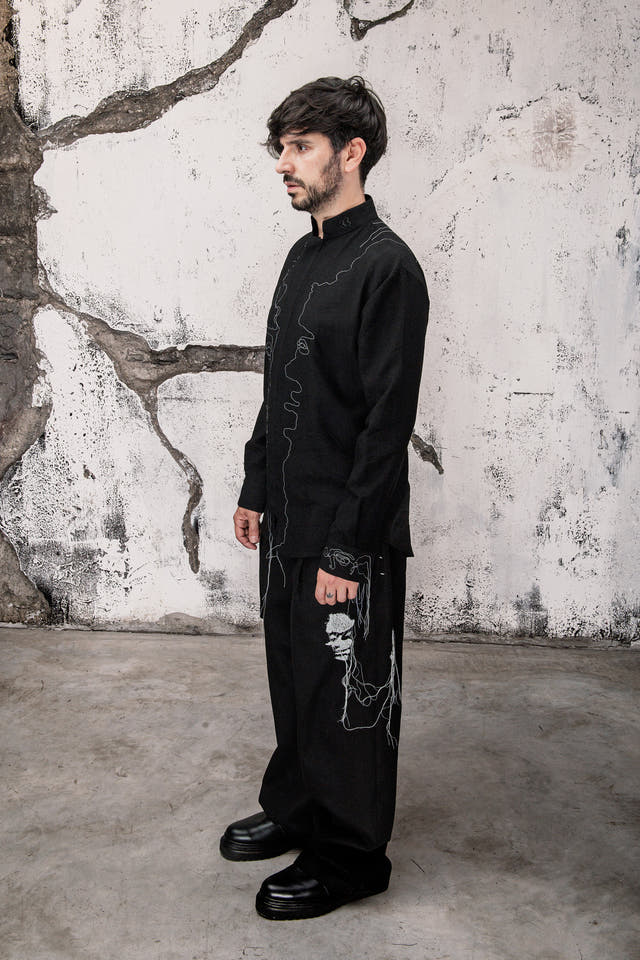 Wicked33 Silhouette oversized shirt, continuous-line embroidery, abstract portraits