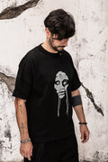 Wicked33 Mute oversized t-shirt, handcrafted portrait created through free-motion stitching