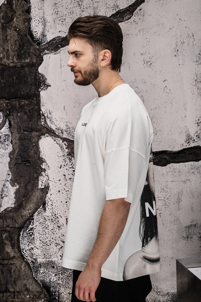 Wicked33 Noise oversized t-shirt in white, large back graphic + minimal front text