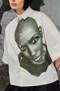 Wicked33 Stare oversized shirt in ecru (off-white), large dark green portrait graphic print on chest