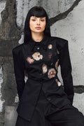 Wicked33 Fading Roses oversized shirt in black with beige and cream floral accents, asymmetric floral print on chest and cuffs